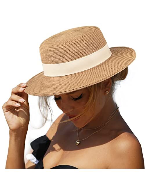 FURTALK Straw Beach Sun Hats for Women Men Summer Fedoras Boater Hat Packable SPF UV Protection Hats for Women Travel