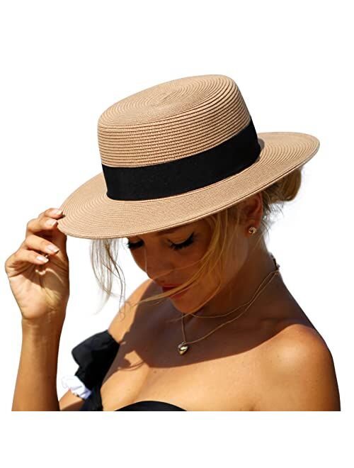 FURTALK Straw Beach Sun Hats for Women Men Summer Fedoras Boater Hat Packable SPF UV Protection Hats for Women Travel