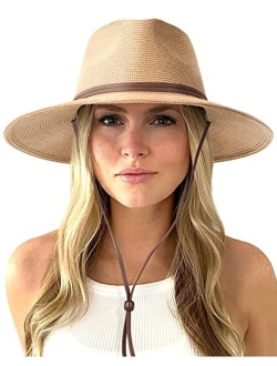 Womens Summer Straw Sun Hats Wide Brim Panama Fedora Beach Hat with Wind Lanyard UPF 50