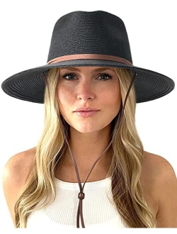 Womens Summer Straw Sun Hats Wide Brim Panama Fedora Beach Hat with Wind Lanyard UPF 50