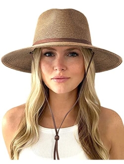 Womens Summer Straw Sun Hats Wide Brim Panama Fedora Beach Hat with Wind Lanyard UPF 50