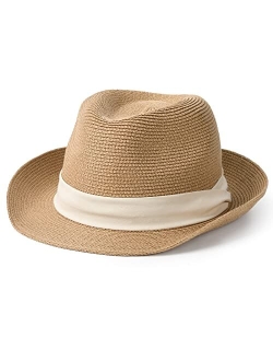 Straw Fedora Sun Hats for Women Men Summer Sun Beach Hat Packable Short Brim Roll Up Straw Panama Fedora Hat