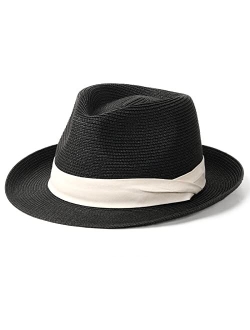 Straw Fedora Sun Hats for Women Men Summer Sun Beach Hat Packable Short Brim Roll Up Straw Panama Fedora Hat