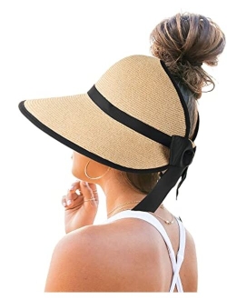 Beach Hats for Women Foldable Packable Wide Brim Sun Visor Hat with Ponytail Hole UPF50  Cap for Travel