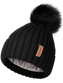 Womens Winter Beanie Hat Fleece Lined Faux Fur Pom Pom Knitted Warm Beanie for Women