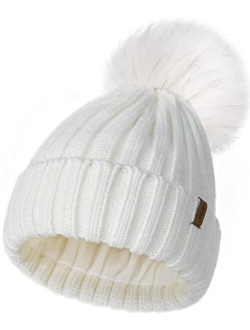 Womens Winter Beanie Hat Fleece Lined Faux Fur Pom Pom Knitted Warm Beanie for Women