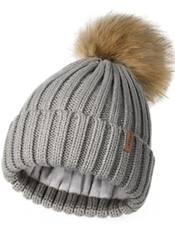 Womens Winter Beanie Hat Fleece Lined Faux Fur Pom Pom Knitted Warm Beanie for Women