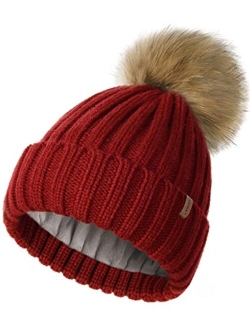 Womens Winter Beanie Hat Fleece Lined Faux Fur Pom Pom Knitted Warm Beanie for Women