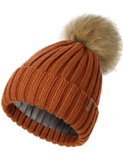 Womens Winter Beanie Hat Fleece Lined Faux Fur Pom Pom Knitted Warm Beanie for Women