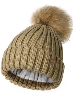 Womens Winter Beanie Hat Fleece Lined Faux Fur Pom Pom Knitted Warm Beanie for Women