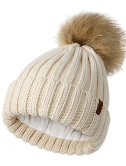 Womens Winter Beanie Hat Fleece Lined Faux Fur Pom Pom Knitted Warm Beanie for Women