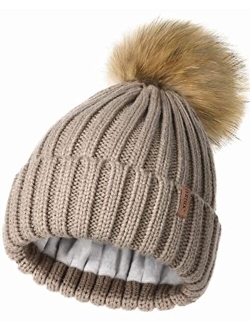 Womens Winter Beanie Hat Fleece Lined Faux Fur Pom Pom Knitted Warm Beanie for Women