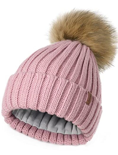 FURTALK Womens Winter Beanie Hat Fleece Lined Faux Fur Pom Pom Knitted Warm Beanie for Women