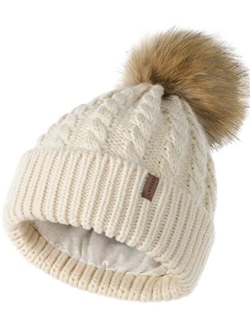 Winter Beanie Hat for Women Cotton Lined Faux Fur Pom Pom Hats Womens Warm Thick Knit Skull Cap