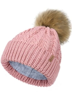 Winter Beanie Hat for Women Cotton Lined Faux Fur Pom Pom Hats Womens Warm Thick Knit Skull Cap