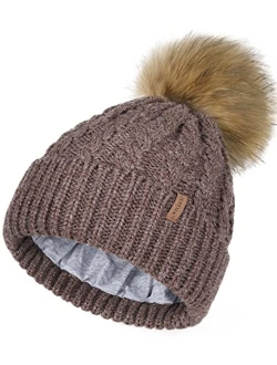 Winter Beanie Hat for Women Cotton Lined Faux Fur Pom Pom Hats Womens Warm Thick Knit Skull Cap