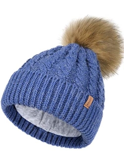 Winter Beanie Hat for Women Cotton Lined Faux Fur Pom Pom Hats Womens Warm Thick Knit Skull Cap
