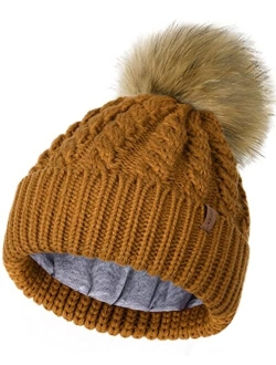 Winter Beanie Hat for Women Cotton Lined Faux Fur Pom Pom Hats Womens Warm Thick Knit Skull Cap