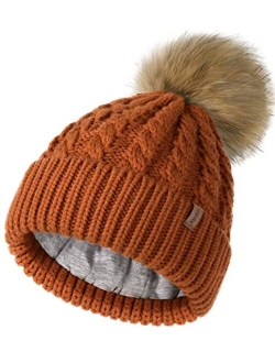 Winter Beanie Hat for Women Cotton Lined Faux Fur Pom Pom Hats Womens Warm Thick Knit Skull Cap