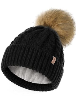 Winter Beanie Hat for Women Cotton Lined Faux Fur Pom Pom Hats Womens Warm Thick Knit Skull Cap