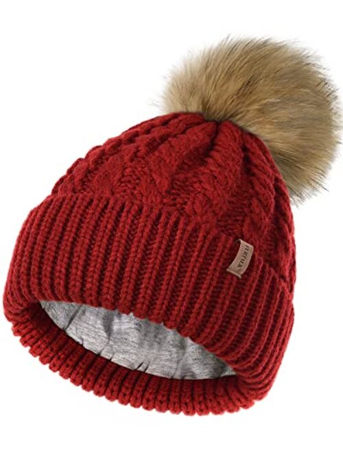 FURTALK Winter Beanie Hat for Women Cotton Lined Faux Fur Pom Pom Hats Womens Warm Thick Knit Skull Cap