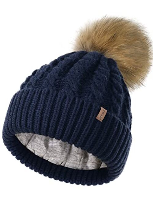 FURTALK Winter Beanie Hat for Women Cotton Lined Faux Fur Pom Pom Hats Womens Warm Thick Knit Skull Cap