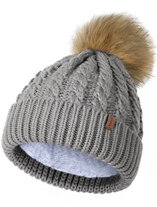 FURTALK Winter Beanie Hat for Women Cotton Lined Faux Fur Pom Pom Hats Womens Warm Thick Knit Skull Cap