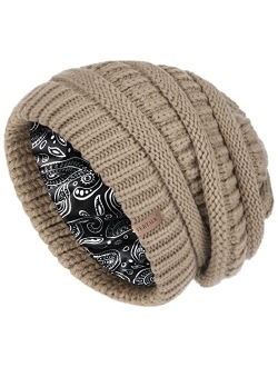 Winter Beanie Hat for Women Satin Lined Cable Knit Chunky Slouchy Beanies Skull Warm Cap