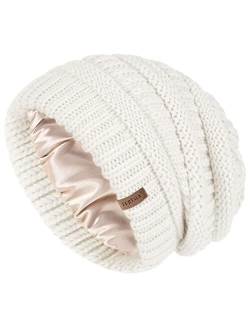 Winter Beanie Hat for Women Satin Lined Cable Knit Chunky Slouchy Beanies Skull Warm Cap