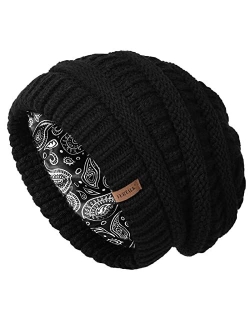 Winter Beanie Hat for Women Satin Lined Cable Knit Chunky Slouchy Beanies Skull Warm Cap