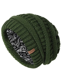 Winter Beanie Hat for Women Satin Lined Cable Knit Chunky Slouchy Beanies Skull Warm Cap