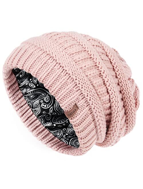 FURTALK Winter Beanie Hat for Women Satin Lined Cable Knit Chunky Slouchy Beanies Skull Warm Cap