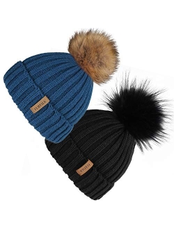 Womens Winter Knitted Beanie Hat with Faux Fur Pom 2 Packs Warm Knit Skull Cap Beanie for Women