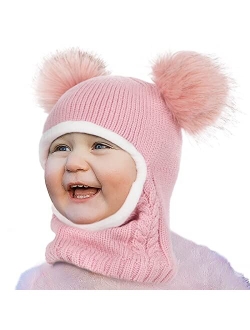 Toddler Winter Hat Baby Girls Boys Winter Beanie Hats Fleece Lined Kids Earflaps Face Warmer Scarf Set Cold Weather Snow Cap