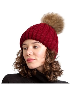 Womens Winter Hat Warm Beanie Hat for Women Faux Fuzzy Fur Pom Fleece Lined Cold Weather Knitted Cap