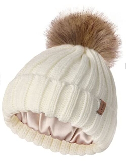 Toddler Beanie Satin Lined Baby Boys Girls Winter Hats Pom Pom Beanies for Kids