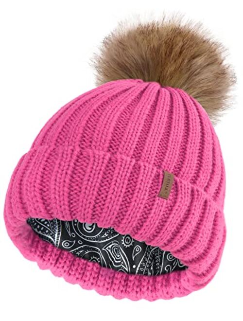 FURTALK Toddler Beanie Satin Lined Baby Boys Girls Winter Hats Pom Pom Beanies for Kids