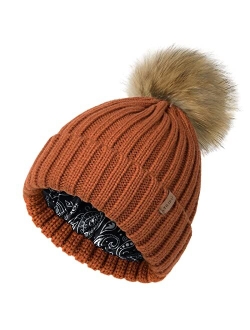 Womens Winter Beanie Hat Satin Lined Faux Fur Pom Pom Beanies Hat for Women Winter Warm Knit Hats