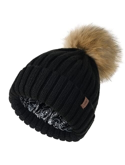 Womens Winter Beanie Hat Satin Lined Faux Fur Pom Pom Beanies Hat for Women Winter Warm Knit Hats