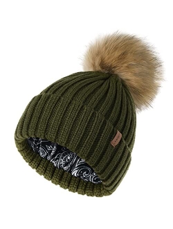 Womens Winter Beanie Hat Satin Lined Faux Fur Pom Pom Beanies Hat for Women Winter Warm Knit Hats