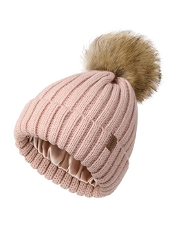 Womens Winter Beanie Hat Satin Lined Faux Fur Pom Pom Beanies Hat for Women Winter Warm Knit Hats