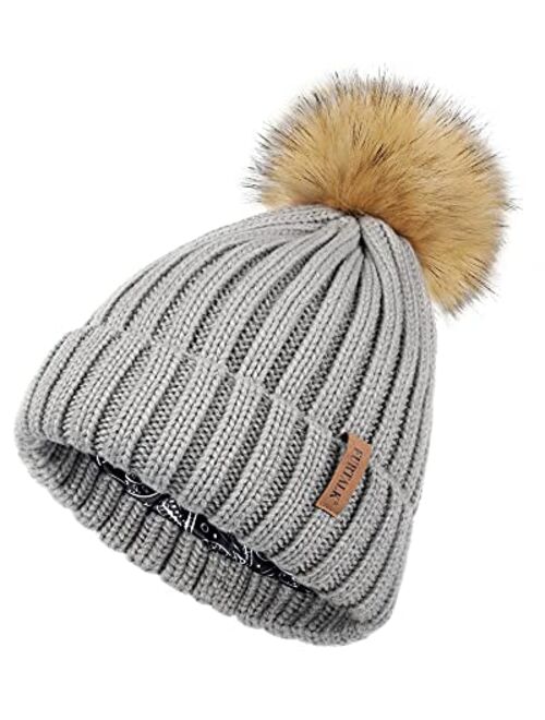 FURTALK Womens Winter Beanie Hat Satin Lined Faux Fur Pom Pom Beanies Hat for Women Winter Warm Knit Hats