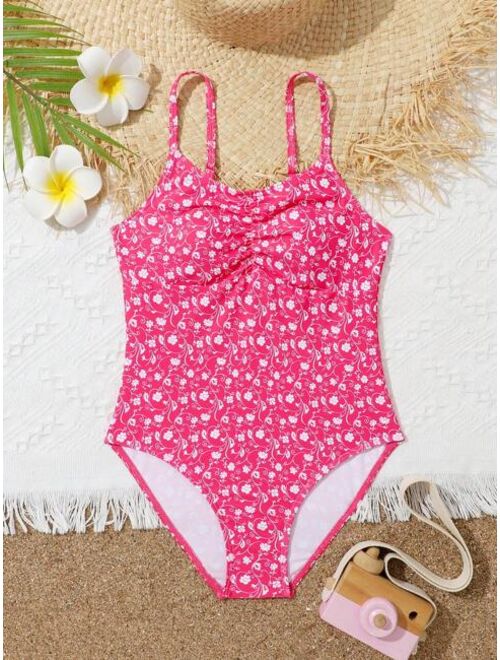 Buy Shein Girls Ditsy Floral Print Ruched One Piece Swimsuit online ...