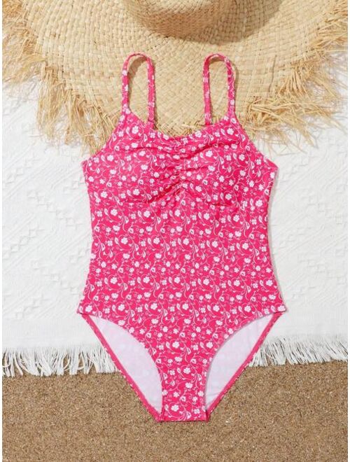 Buy Shein Girls Ditsy Floral Print Ruched One Piece Swimsuit online ...