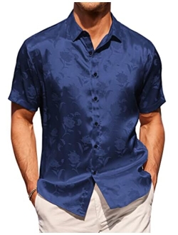 Men's Summer Jacquard Shirts Short Sleeve Silk Satin Casual Button Down Shirt Hawaiian Beach Tops