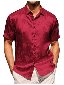 Men's Summer Jacquard Shirts Short Sleeve Silk Satin Casual Button Down Shirt Hawaiian Beach Tops