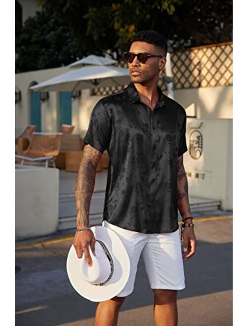 COOFANDY Men's Summer Jacquard Shirts Short Sleeve Silk Satin Casual Button Down Shirt Hawaiian Beach Tops