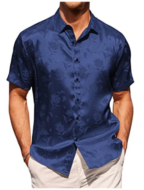 COOFANDY Men's Summer Jacquard Shirts Short Sleeve Silk Satin Casual Button Down Shirt Hawaiian Beach Tops