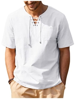 Men Casual Cotton Linen T Shirt Short Sleeve Beach Lace Up Hippie Shirt