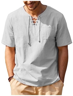 Men Casual Cotton Linen T Shirt Short Sleeve Beach Lace Up Hippie Shirt